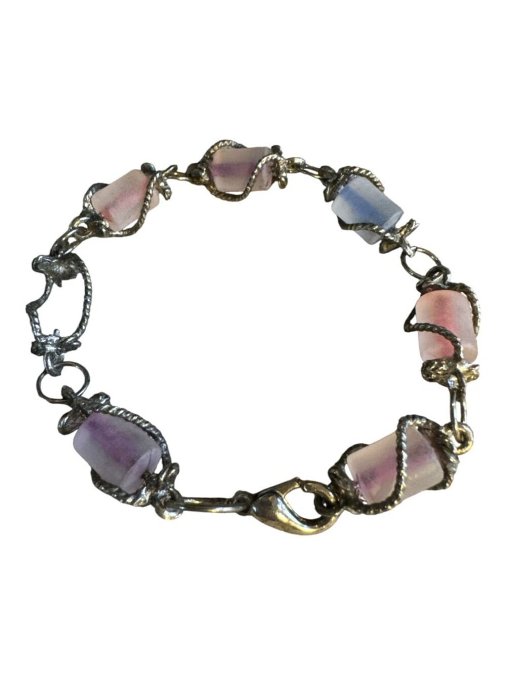 Handcrafted Bracelet With Pastel Pink & Lavender Glass Beads And Antique Silver-